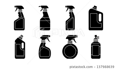 Black Solid Home Cleaning Solutions Silhouettes Set of Six on White Background Black Solid Home Cleaning Solutions Silhouettes Set of Six on White Background 137988639