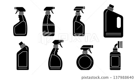 Black Solid Home Cleaning Solutions Silhouettes Set of Six on White Background Black Solid Home Cleaning Solutions Silhouettes Set of Six on White Background 137988640