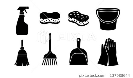 Black Solid Cleaning Supplies Silhouettes Set of Six on White Background Black Solid Cleaning Supplies Silhouettes Set of Six on White Background 137988644