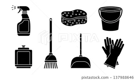 Black Solid Cleaning Supplies Silhouettes Set of Six on White Background Black Solid Cleaning Supplies Silhouettes Set of Six on White Background 137988646