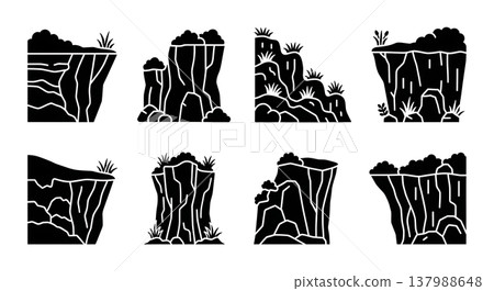 Set of Six Black Solid Cliff Faces with Vegetation Silhouettes Set of Six Black Solid Cliff Faces with Vegetation Silhouettes 137988648