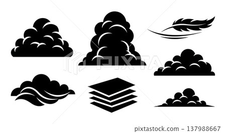 Set of Six Unique Black Solid Cloud Silhouettes on White Background 137988667