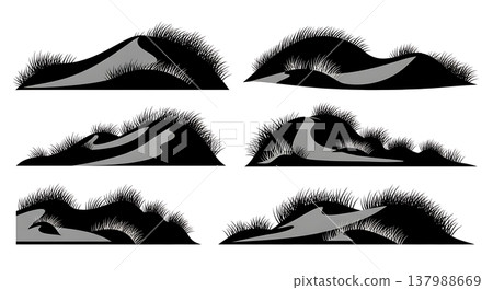 Set of Six Unique Black Solid Coastal Sand Dunes with Grass Silhouettes Set of Six Unique Black Solid Coastal Sand Dunes with Grass Silhouettes 137988669