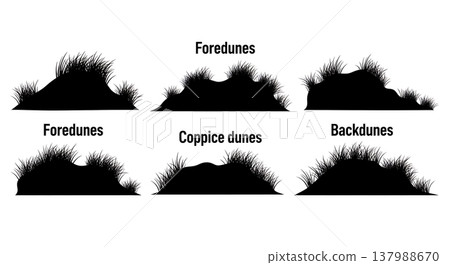 Set of Six Unique Black Solid Coastal Sand Dunes with Grass Silhouettes 137988670