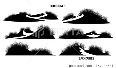 Set of Six Unique Black Solid Coastal Sand Dunes with Grass Silhouettes 137988671