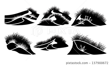 Set of Six Unique Black Solid Coastal Sand Dunes with Grass Silhouettes Set of Six Unique Black Solid Coastal Sand Dunes with Grass Silhouettes 137988672
