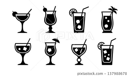 Black Solid Cocktail Glasses Silhouettes Set of Six on White Background 137988678