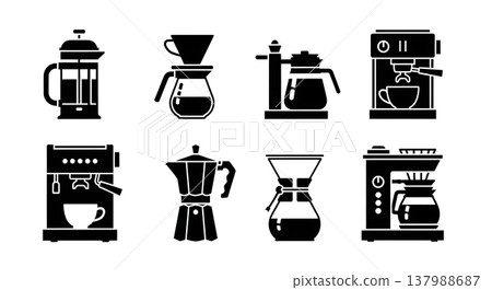 Black Solid Coffee Silhouettes Set of Six on White Background Black Solid Coffee Silhouettes Set of Six on White Background 137988687
