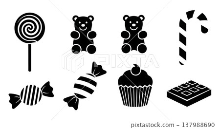 Black Solid Colorful Candies Silhouettes Set of Six on White Background 137988690