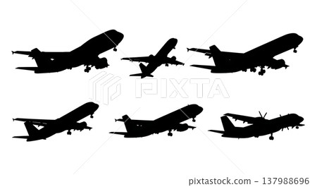 Black Solid Commercial Airplanes Silhouettes Set of Six on White Background Black Solid Commercial Airplanes Silhouettes Set of Six on White Background 137988696