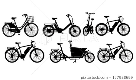 Black Solid Modern Commuter Bicycles and E-Bikes Silhouettes Set of Six on White Background 137988699