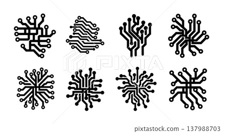 Black Solid Computer Circuit Silhouettes Set of Six on White Background 137988703