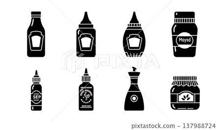 Black Solid Condiment and Sauce Silhouettes Set of Six on White Background Black Solid Condiment and Sauce Silhouettes Set of Six on White Background 137988724