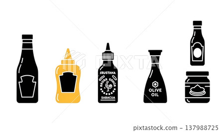 Black Solid Condiment and Sauce Silhouettes Set of Six on White Background 137988725