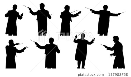 Black Solid Orchestra Leader Silhouettes Set of Six on White Background Black Solid Orchestra Leader Silhouettes Set of Six on White Background 137988768