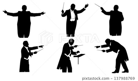 Black Solid Orchestra Leader Silhouettes Set of Six on White Background Black Solid Orchestra Leader Silhouettes Set of Six on White Background 137988769