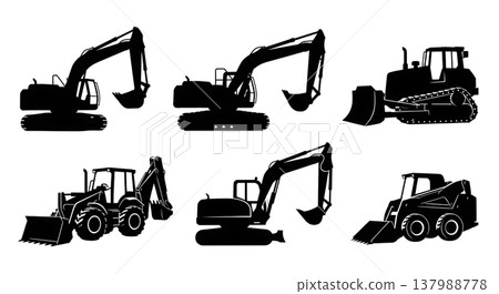 Black Solid Construction Excavators Silhouettes Set of Six on White Background Black Solid Construction Excavators Silhouettes Set of Six on White Background 137988778