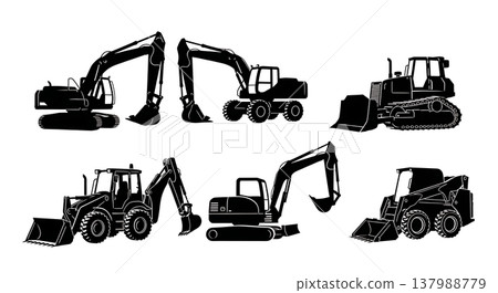 Black Solid Construction Excavators Silhouettes Set of Six on White Background 137988779