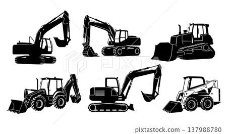 Black Solid Construction Excavators Silhouettes Set of Six on White Background 137988780