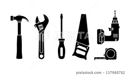 Black Solid Construction Tools Silhouettes Set of Six on White Background 137988782