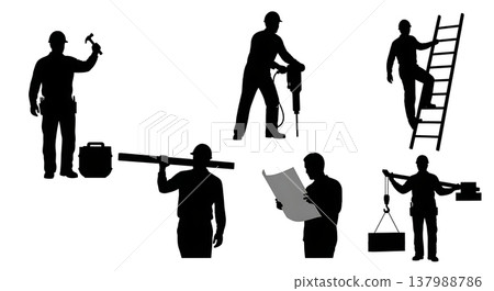 Black Solid Construction Workers Silhouettes Set of Six on White Background Black Solid Construction Workers Silhouettes Set of Six on White Background 137988786