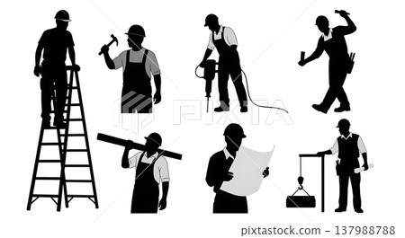 Black Solid Construction Workers Silhouettes Set of Six on White Background Black Solid Construction Workers Silhouettes Set of Six on White Background 137988788