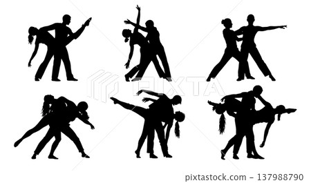 Black Solid Contact Improvisation Silhouettes Set of Six on White Background 137988790