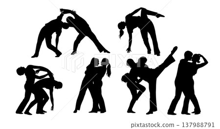 Black Solid Contact Improvisation Silhouettes Set of Six on White Background Black Solid Contact Improvisation Silhouettes Set of Six on White Background 137988791