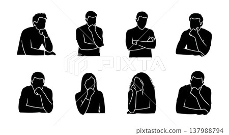 Black Solid Contemplative People Silhouettes Set of Six on White Background 137988794