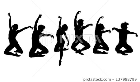 Black Solid Aerial Dance Leap Silhouettes Set of Six on White Background 137988799