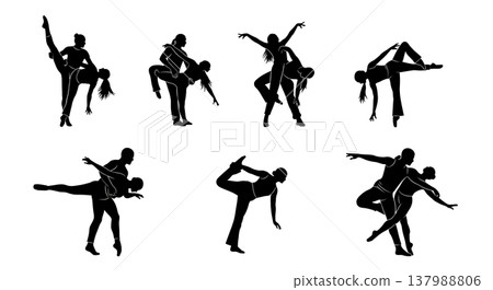 Black Solid Contemporary Duo Silhouettes Set of Six on White Background Black Solid Contemporary Duo Silhouettes Set of Six on White Background 137988806