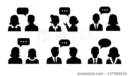 Black Solid Conversation Dialogue Silhouettes Set of Six on White Background 137988810