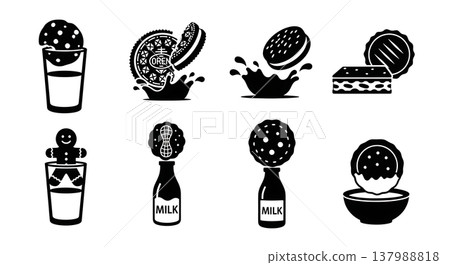 Black Solid Cookies and Milk Silhouettes Set of Six on White Background Black Solid Cookies and Milk Silhouettes Set of Six on White Background 137988818