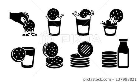 Black Solid Cookies and Milk Silhouettes Set of Six on White Background Black Solid Cookies and Milk Silhouettes Set of Six on White Background 137988821