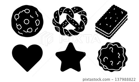 Black Solid Cookie Silhouettes Set of Six on White Background Black Solid Cookie Silhouettes Set of Six on White Background 137988822