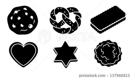 Black Solid Cookie Silhouettes Set of Six on White Background Black Solid Cookie Silhouettes Set of Six on White Background 137988823