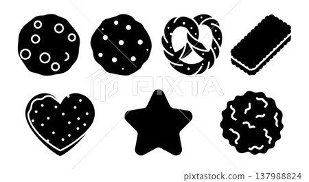 Black Solid Cookie Silhouettes Set of Six on White Background Black Solid Cookie Silhouettes Set of Six on White Background 137988824