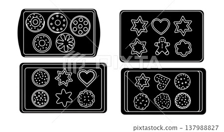 Black Solid Cookies On Baking Sheet Silhouettes Set of Six on White Background Black Solid Cookies On Baking Sheet Silhouettes Set of Six on White Background 137988827