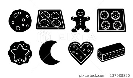 Black Solid Cookies On Baking Sheet Silhouettes Set of Six on White Background 137988830