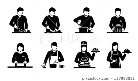 Black Solid Cooking Chefs Silhouettes Set of Six on White Background 137988831
