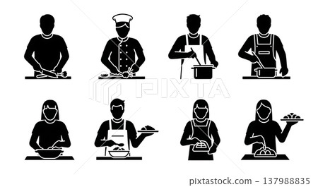 Black Solid Cooking Chefs Silhouettes Set of Six on White Background 137988835