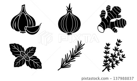 Black Solid Cooking Spices & Herbs Silhouettes Set of Six on White Background Black Solid Cooking Spices & Herbs Silhouettes Set of Six on White Background 137988837