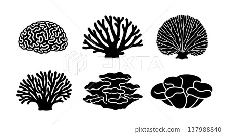 Black Solid Coral Reef Formation Silhouettes Set of Six 137988840