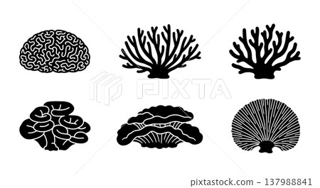 Black Solid Coral Reef Formation Silhouettes Set of Six 137988841