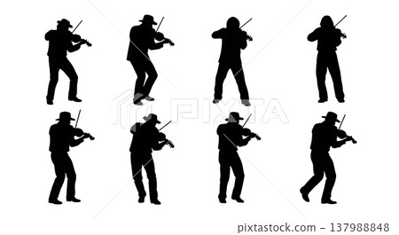 Black Solid Fiddle Player Silhouettes Set of Six on White Background 137988848