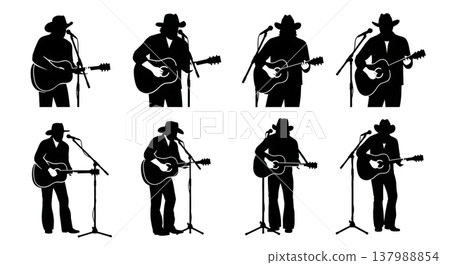 Black Solid Country Musician Silhouettes Set of Six on White Background 137988854