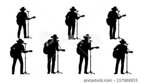 Black Solid Country Musician Silhouettes Set of Six on White Background 137988855