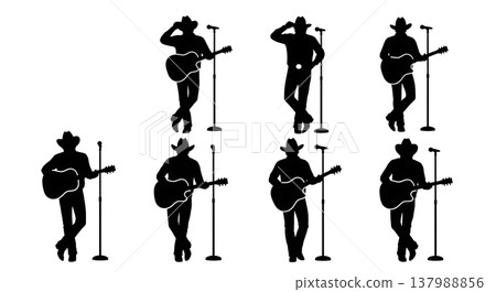 Black Solid Country Musician Silhouettes Set of Six on White Background Black Solid Country Musician Silhouettes Set of Six on White Background 137988856
