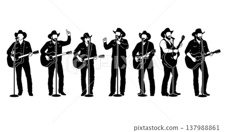 Black Solid Country Singer Silhouettes Set of Six on White Background Black Solid Country Singer Silhouettes Set of Six on White Background 137988861