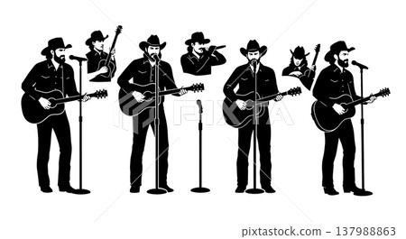 Black Solid Country Singer Silhouettes Set of Six on White Background Black Solid Country Singer Silhouettes Set of Six on White Background 137988863